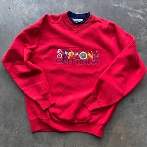 Vintage Christmas Sweater Seasons Greetings Double Collar Red Embroidered Large